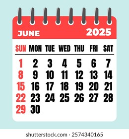 June 2025 Calendar. Desk Calendar 2025, Template Minimalist Calendar with Flat Design