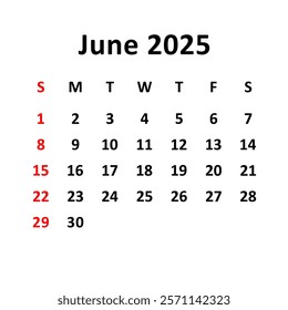 June 2025. Calendar with holydays or red dates. monthly calendar design with week starts on sunday. printable, simple, and clean vector design isolated on white background.