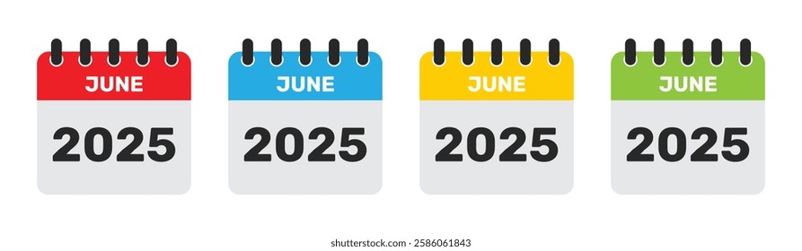 June 2025 Calendar Icon Set - Red, Blue, Yellow, Green