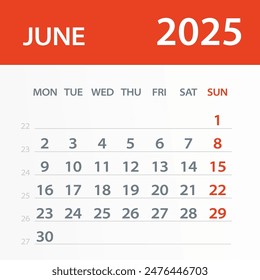 June 2025 Calendar Leaf - Illustration. Vector graphic page