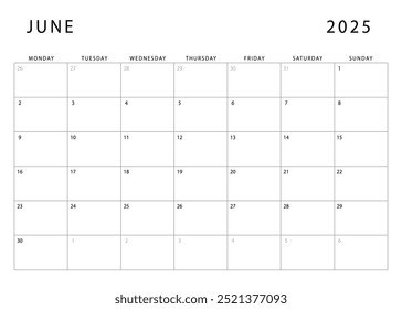 June 2025 calendar. Monthly planner template. Monday start. Vector design