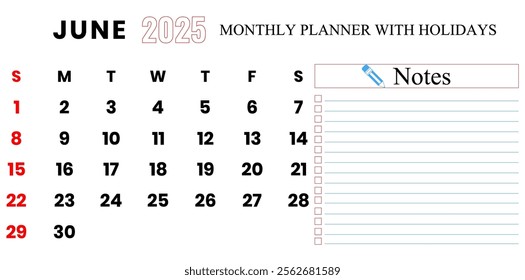 June 2025 Calendar, Monthly Planner With Holidays Vector Illustration.	