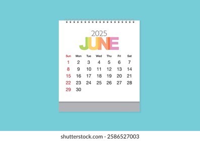 June 2025 Calendar on blue sky background. Date month of June 2025. Page of annual monthly calendar June 2025.