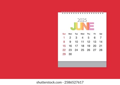 June 2025 Calendar on red color background. Date month of June 2025. Page of annual monthly calendar June 2025.