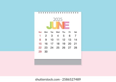 June 2025 Calendar on sky blue and light pink background. Date month of June 2025. Page of annual monthly calendar June 2025.