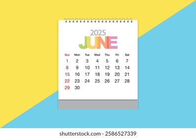 June 2025 Calendar on yellow and blue sky background. Date month of June 2025. Page of annual monthly calendar June 2025.