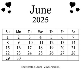 June 2025 calendar printable. 2025 calendar month of june. June 2025 calendar template. Week starts on Sunday. Monthly calendar