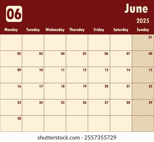 June 2025 calendar.  A simple monthly planner vector design