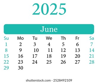 June 2025 Calendar Vector Illustration. Calendar June 2025. Planner vector design. Colorful calendar June 2025. Daily Planner