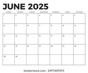 June 2025 Calendar. Week starts on Sunday. Blank Calendar Template. Fits Letter Size Page. Stationery Design.