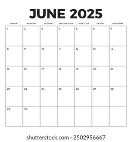 June 2025 Calendar. Week starts on Sunday. Blank Calendar Template. Fits Square Size Page. Stationery Design.