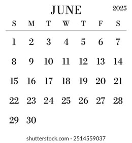 June 2025 Calendar. Week starts on Sunday. Large Number and Letter Calendar Template. Fits Square Size Page. Stationery Design.