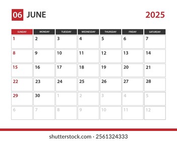 June 2025 Calendar , Week starts on Sunday 