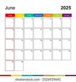 June 2025 colorful wall calendar, week starts on Sunday. 2025 Calendar template.