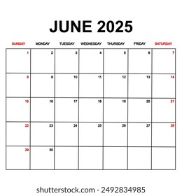 june 2025 with holydays or red dates. monthly calendar design with week starts on sunday. printable, simple, and clean vector design isolated on white background.