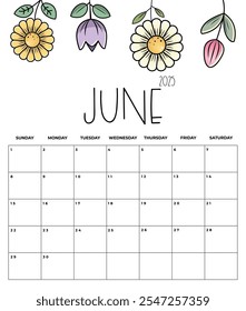 June 2025 Kids Calendar with Cute Floral Design