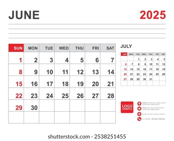 June 2025 layout, Calendar 2025 template, Printable minimalist monthly planner, Desk Calendar 2025 template, Wall calendar design, Week Start On Sunday, Stationery, printing, red color, vector
