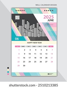 June 2025 layout, Wall calendar 2025 template pastel creative backgrounds, Desk calendar 2025 design, poster, planner, Calendar date, Week starts on Sunday, Stationery, vertical page, vector