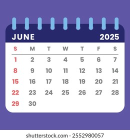 Junho 2025 calendário estilo carta com uma semana começando no domingo. Ideal para gerenciamento de tempo, planejamento e programação. Conceito de design plano com um layout mensal destacável. Ilustração vetorial.