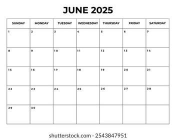 Junio 2025 Diseño de Calendario Mensual con Notas y la semana comienza desde el domingo