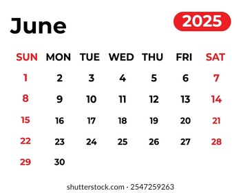 Junio 2025 Diseño de calendario mensual con aspecto limpio y la semana comienza desde el domingo