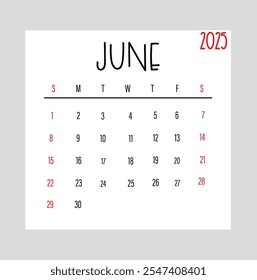 Junio 2025 Semana mensual de diseño del calendario comienza desde el domingo