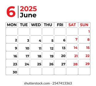 Junio 2025 Semana mensual de diseño del calendario comienza desde el domingo