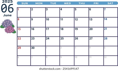 Monatlicher Kalender Juni 2025, Vektorgrafik