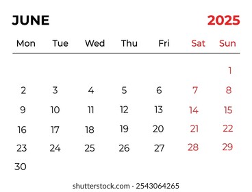 junio de 2025 Diseño mensual de calendario de oficina con aspecto limpio y la semana comienza desde el domingo