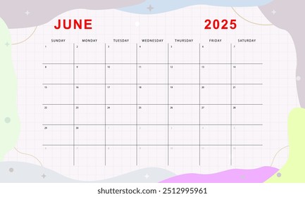 June 2025 monthly planner. Cute calendar template. Sunday start. Vector design