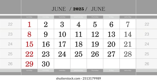 vierteljährlicher Kalenderblock Juni 2025. Wandkalender auf Englisch, Woche beginnt am Sonntag. Vektorgrafik.