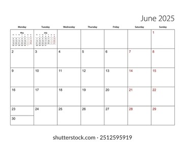Junio 2025 calendario simple planificador, la semana comienza desde el lunes. Planificador de calendario de Vector.