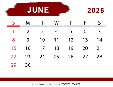 June 2025 simple month calendar. Sunday start. Vector design