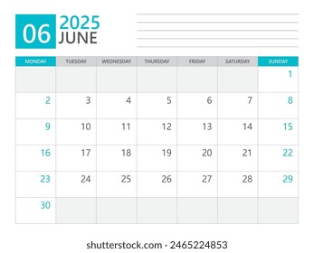 Plantilla de junio de 2025, Calendario planificador 2025, inicio de la semana el lunes, Calendario de escritorio 2025 año, planificador simple y diseño limpio, Diseño de calendario de pared, Plantilla de planificador Corporativa, Vector de medios impresos