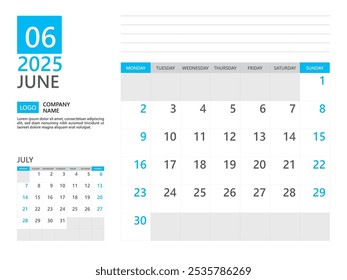 June 2025 template, Calendar planner 2025, week start on Monday, Desk calendar 2025 year, simple planner and clean design, Wall calendar design, Corporate planner template, Business template