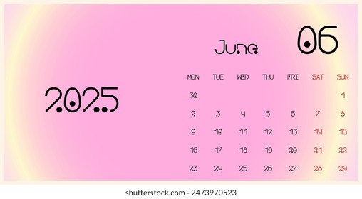 June 2025 template calendar. Trendy gradient background. The week begins on Monday. Ideal for planners, desk calendars, wall calendars, print media, advertisements, and office stationery