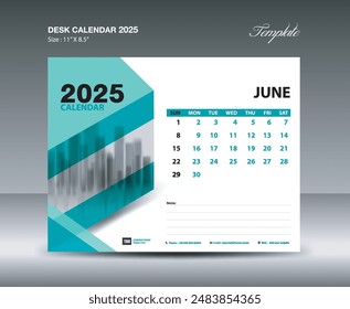 June 2025 template- Desk Calendar 2025 year template, wall calendar 2025 year, Week starts Sunday, Planner design, Stationery design, flyer design, printing media, green background vector