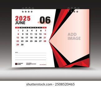 June 2025 year, Desk calendar 2025 template, Printable, Planner, Wall calendar design, Week starts on Sunday, Stationery design, Printing media, advertisement, calendar design vector illustration