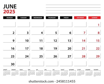 Plantilla del planificador anual de junio de 2025, Plantilla del calendario 2025, planificadores mensuales y anuales. agenda del organizador. inicio de la semana lunes, Plantilla del planificador corporativo, agenda del escritorio 2025, Ilustración vectorial