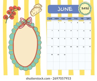 Calendario de junio de 2026 con marco de nota linda en estilo coqueta de fondo de franja amarilla