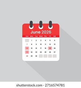 Vector Calendar Icon de junio de 2026. Diseño de planificador mensual mínimo: Ilustración vectorial mínima del ícono del calendario de junio de 2026 para la programación mensual y la planificación de la productividad.