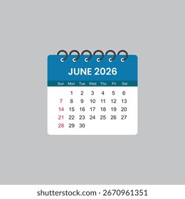 June 2026 Calendar Leaf flat style vector stock illustration.