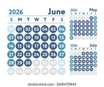 June 2026 calendar. New year planner design. English calender. Blue color vector template. Week starts on Sunday. Business planning. 