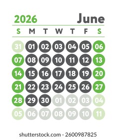 June 2026 calendar. New year planner design. English calender. Green color vector template. Week starts on Sunday. Business planning. 
