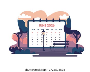 Junho 2026 página de calendário ilustração vetor. Paisagem de verão à noite em um parque da cidade com um banco e uma lâmpada de rua. Conceito de natureza de crepúsculo romântico