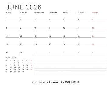 June 2026 calendar planner template. Week starts on Monday. Simple and modern design for effective scheduling and planning. Vector illustration for a printable business agenda page