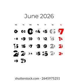 June 2026 calendar. The week starts on Monday, vector