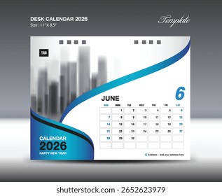 Junio 2026 - Calendario 2026 año de Plantilla, diseño de calendario de escritorio 2026, diseño de calendario de pared, planificador, póster, Vector de calendario profesional de diseño, organizador, inspiración