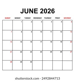 june 2026 with holydays or red dates. monthly calendar design with week starts on sunday. printable, simple, and clean vector design isolated on white background.