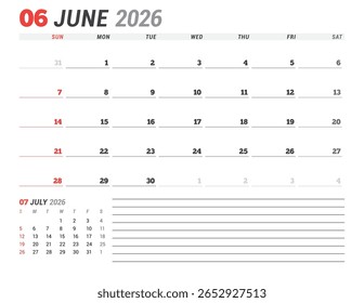 June 2026 Monthly Calendar Template for Planning and Organization simplifies weekly organization with structured lines and clear layout. Week starts on Sunday. vector illustration